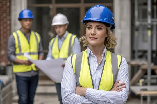 A female engineer confidently stands with her team on a construction site
