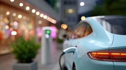 Naklejka premium Electric car charging in urban setting with blurred city lights