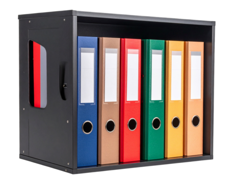 Colorful Office Binders in a Desktop Holder, Isolated on Transparent Background PNG