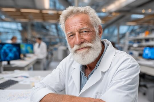 Elderly caucasian male scientist in modern laboratory setting