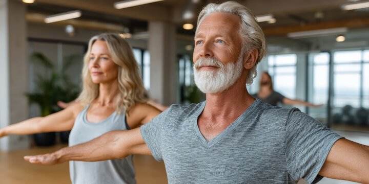 Elderly caucasian couple practicing yoga indoors for health and wellness - Powered by Adobe