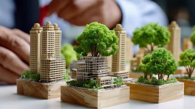 Eco-City Vision: A miniature eco-city model, showcasing sustainable urban development with green elements and integrated ecosystem, reflecting on green initiatives and futuristic.