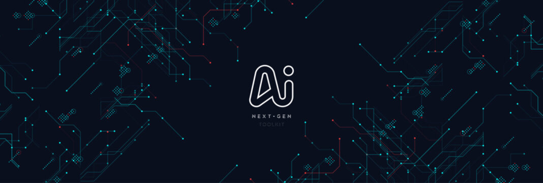 Futuristic dark circuit board with glowing blue red network lines, digital tech mood, AI connection background. Abstract pattern, innovation, data science, machine system layout. Vector illustration
