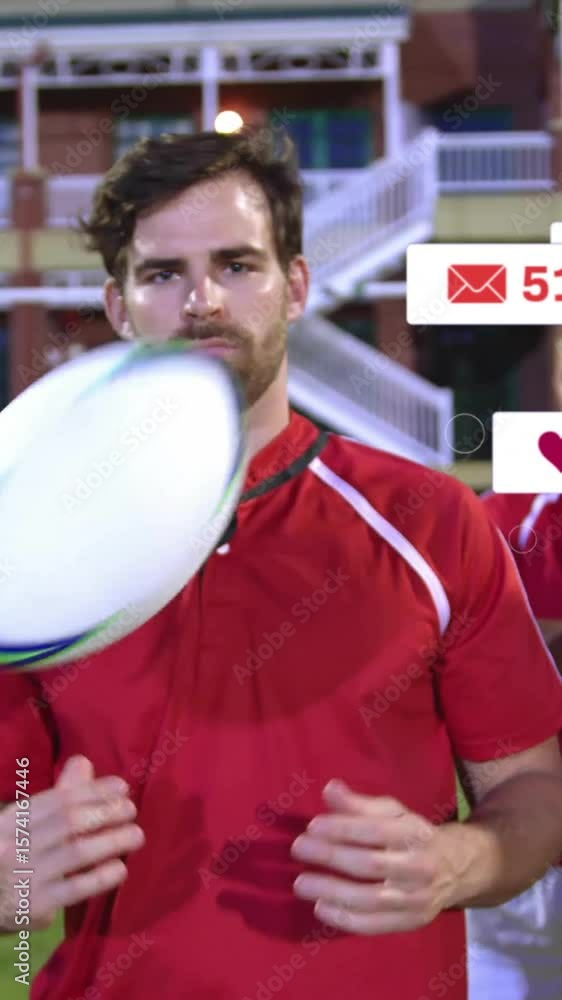 Poster animation of icons and data processing over diverse rugby players