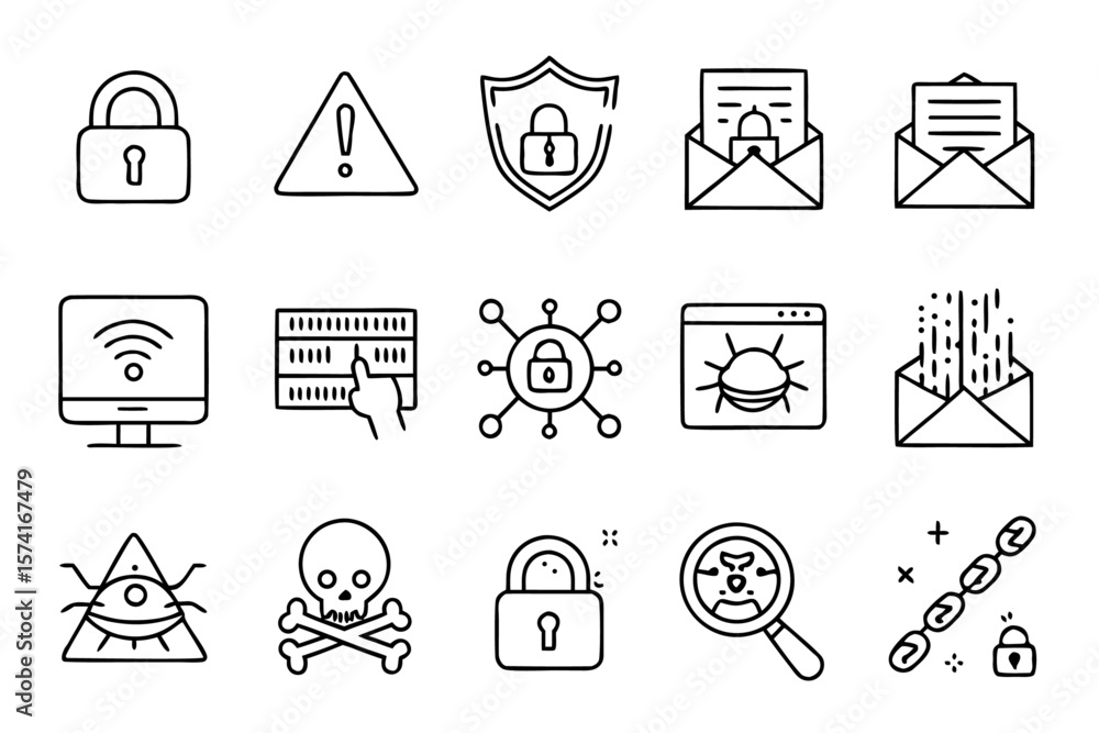 Poster digital security threat icons representing phishing data breaches ransomware and binary code in a un