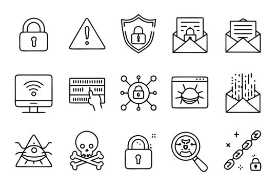 Digital security threat icons representing phishing data breaches ransomware and binary code in a unified graphic element set