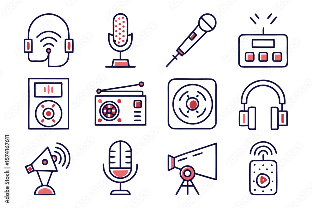 Poster comprehensive collection of minimalist line art symbols for audio broadcasting media playback and di