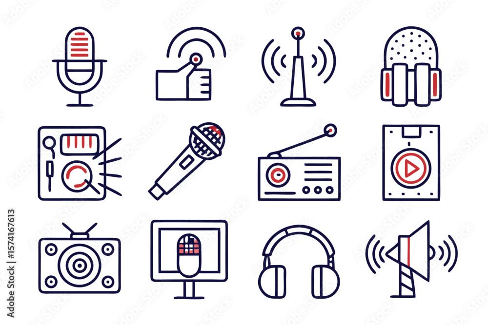 Poster comprehensive collection of minimalist line art symbols representing audio broadcasting recording st