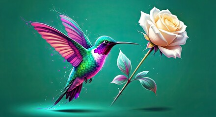 Obraz premium Vibrant Hummingbird White Rose in Flight Teal Background