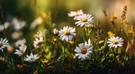 Meadow with daisies blooming in natural sunlight. Nature background for cards