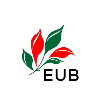 EUB Abstract Botanical Logo with Elegant Typography, EUB Later Logo, Modern Nature Inspired Logo with Red and Green Leaves.
