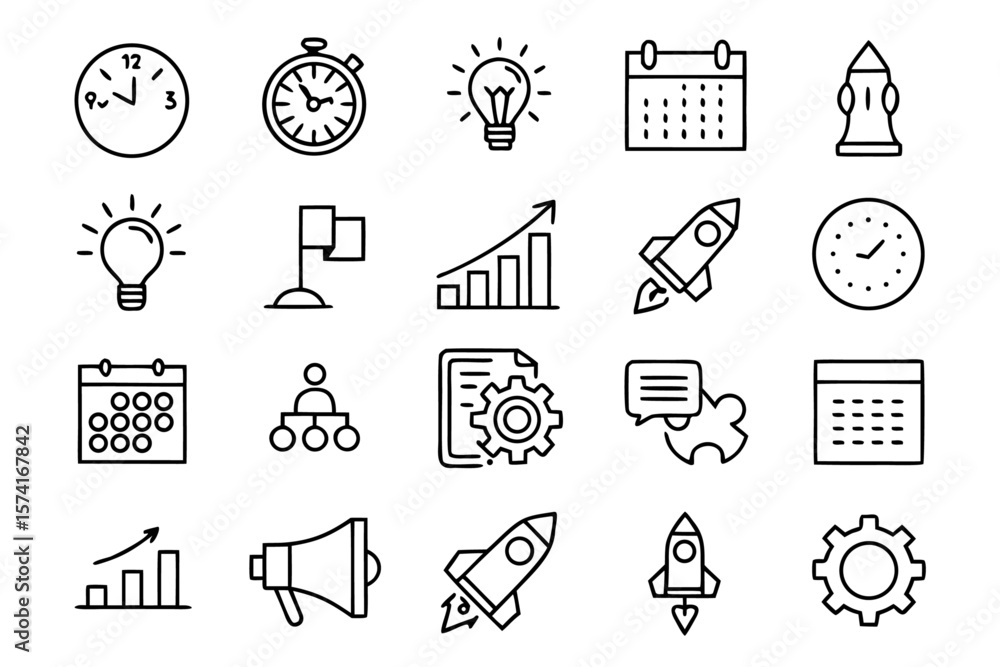 Poster comprehensive collection of professional project management and business operations symbols presente