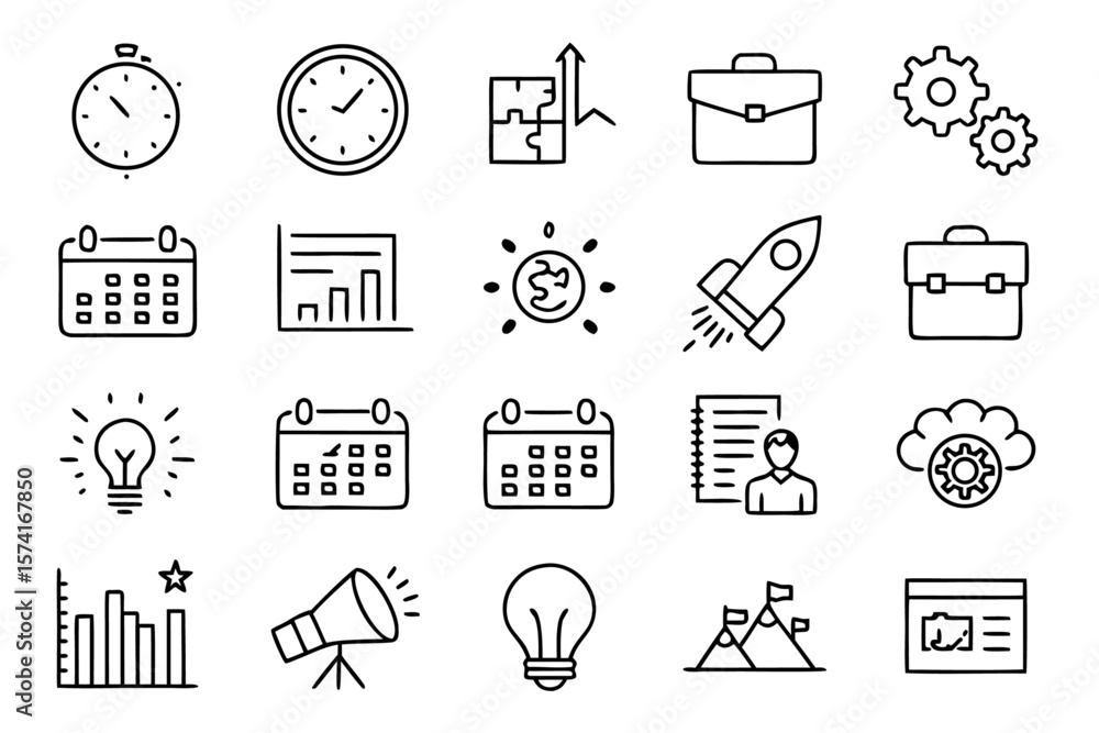 Poster comprehensive collection of business project management symbols and workflow elements presented in a