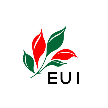 EUI Abstract Botanical Logo with Elegant Typography, EUI Later Logo, Modern Nature Inspired Logo with Red and Green Leaves.
