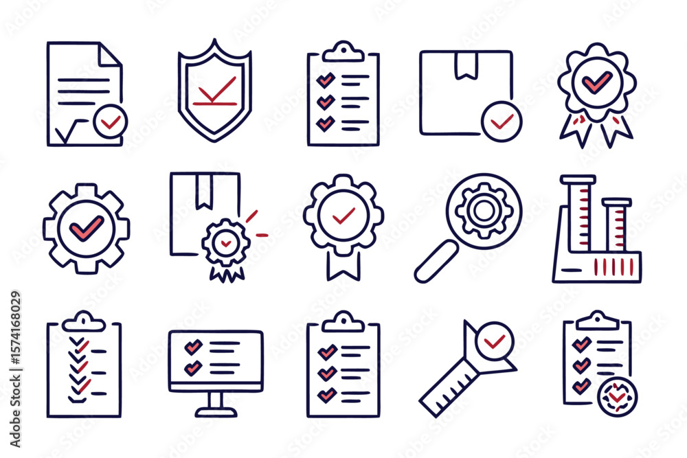Poster comprehensive collection of line graphics representing quality assurance product inspection and manu