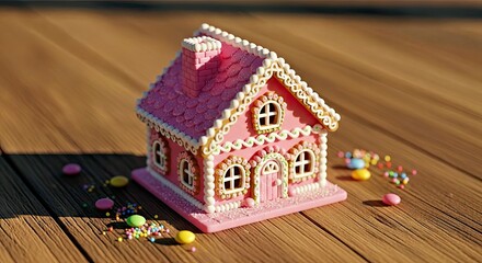 Whimsical Miniature Pink Candy House on Wooden Surface
