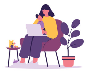 Mother with Child Working on Laptop in Cozy Home Environment