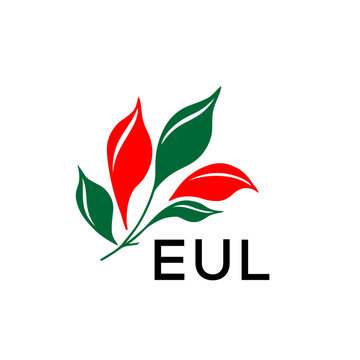 EUL Abstract Botanical Logo with Elegant Typography, EUL Later Logo, Modern Nature Inspired Logo with Red and Green Leaves.
