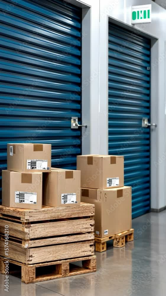 Poster storage facility showing rows of units filled with cardboard boxes stacked on pallets for easy acces