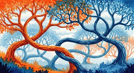Vibrant Orange Blue Trees Abstract Watercolor Painting