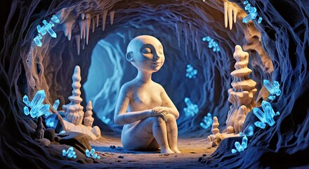 Mysterious Pale Figure in Surreal Dark Cave Setting