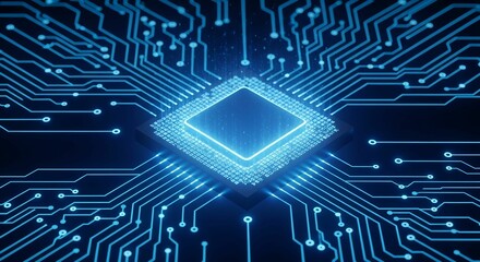 Isometric Glowing Blue CPU with Radiating Circuit Lines and Halo Effect on Dark Digital Background
