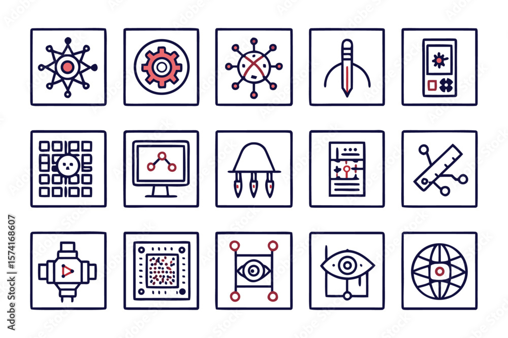 Poster comprehensive collection of abstract computational symbols and elements featuring clean modern lines