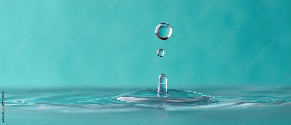 Poster water droplet collision serene aqua background macro photography tranquil environment close-up view 