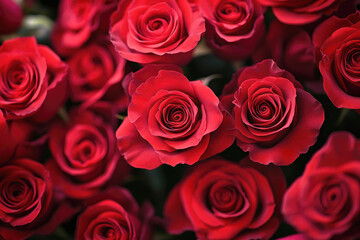 Obraz premium Close-up of vibrant red roses in full bloom, with rich petals and soft lighting, symbolizing love, romance and beauty in a timeless floral composition.