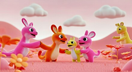 Whimsical Pink Orange 3D Rendered Fantasy Creatures