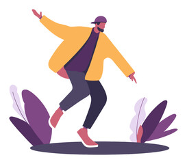 Dynamic Man in Yellow Jacket Performing a Dance Move in Flat Vector Style