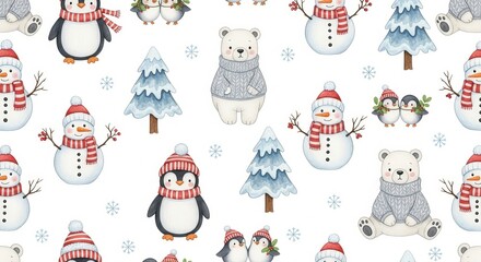 Charming whimsical winter pattern featuring snowmen, penguins, polar bears, and snow-covered trees.