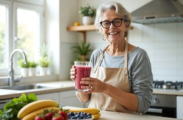 Elderly Woman Making Fresh Smoothie – Vibrant Healthy Morning in Sunlit Modern Kitchen
