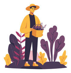 Young Man in Casual Attire Holding a Basket Surrounded by Plants
