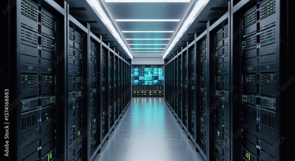 Poster futuristic server room corridor featuring flowing digital information on screens, emphasizing cloud 
