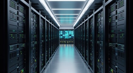 Futuristic server room corridor featuring flowing digital information on screens, emphasizing cloud computing, big data, and advanced information technology infrastructure