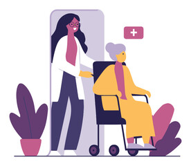 Caring Nurse Assisting Elderly Woman in Wheelchair Illustration