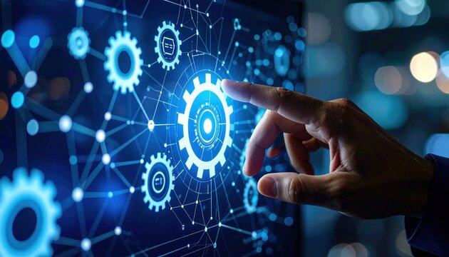 Hand Interacting With Digital Gear Network Graphic