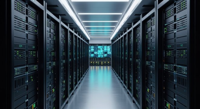 Futuristic server room corridor featuring flowing digital information on screens, emphasizing cloud computing, big data, and advanced information technology infrastructure