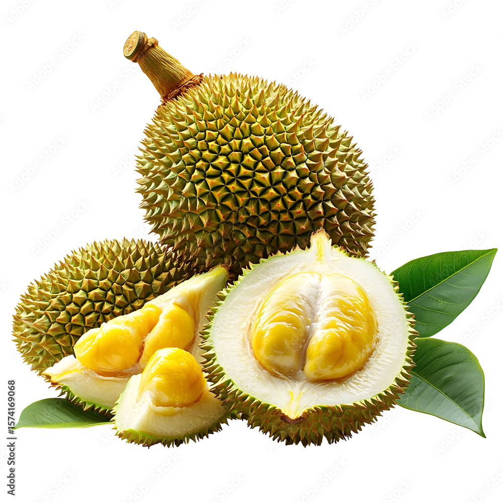 Poster photograph of a whole durian fruit with its distinctive thorny green shell centered and isolated on 