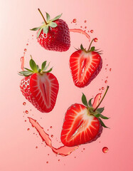 Fresh strawberries with splash on pink