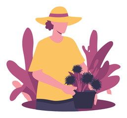 Gardener with Potted Plant Surrounded by Colorful Foliage