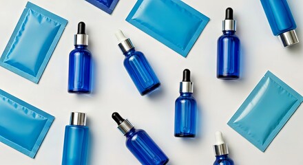 Organic Skincare Serum Bottles and Sachets Flatlay