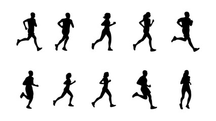 Silhouettes of various people running in different poses. Perfect for fitness, sports, marathon, training, and health-themed projects. Vector shapes on transparent background.