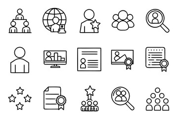 Comprehensive collection of professional linear symbols representing recruitment human resources and caring professions rendered in a clean modern aesthetic with distinct color accents