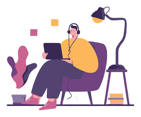 Cozy Home Workspace with Person Using Laptop and Headphones
