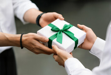 little girl is giving her handsome father a gift box on father's day unrecognizable daughter congratulating dad and giving present on birthday at home i love you dad happy father's day babalar günü