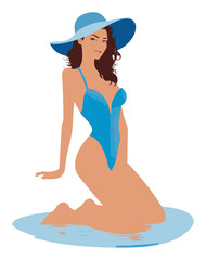 Elegant Cartoon Woman in Swimsuit with Blue Hat by the Water