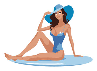 Cartoon Woman in Blue Swimsuit Relaxing on a Beach Towel