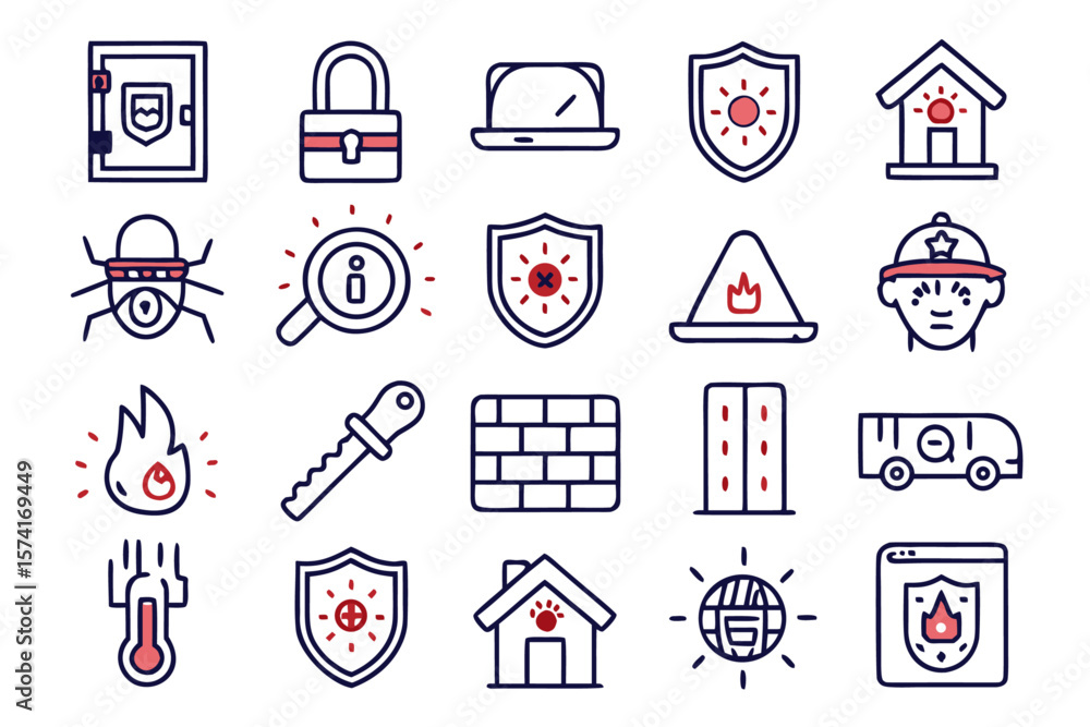 Poster comprehensive collection of sophisticated thin line symbols representing safety security and protect